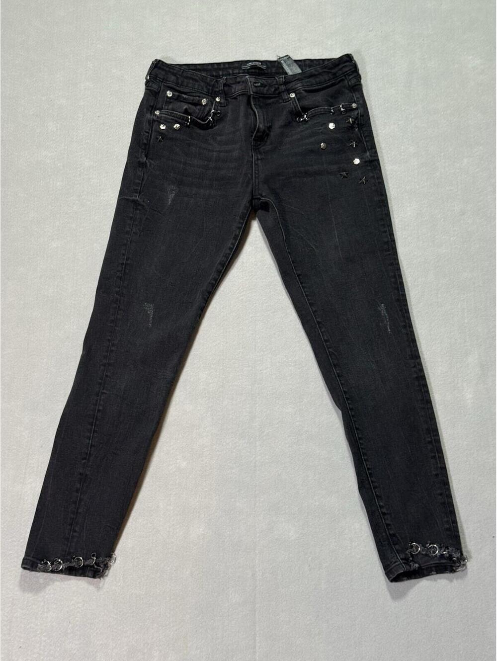 Zara Women's Black Denim Jeans Skinny Slim Studded Fringe Stretch 5-Pocket